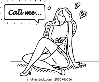 Llámame...... Ilustración vectorial dibujada a mano. Mujer.