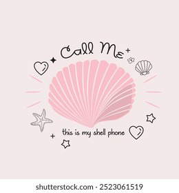 Chame-me, este é o meu telefone shell lettering cartão ilustração vetorial. Citação com ênfase inspiradora em estilo plano colorido. Conceito de design de camiseta feminina