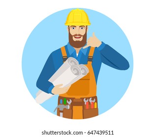Call me! Worker holding the project plans and showing a call me sign. Portrait of worker character in a flat style. Vector illustration.