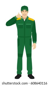Call me! Worker showing a call me sign. Full length portrait of Delivery man or Worker in a flat style. Vector illustration.