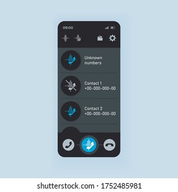 Call menu smartphone interface vector template. Mobile app page black theme design layout. Incoming call holding and forwarding screen. Flat UI for application. Phone display