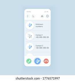 Call menu smartphone interface vector template. Mobile app page white theme design layout. Call forwarding, group conversation creating screen. Flat UI for application. Phone display