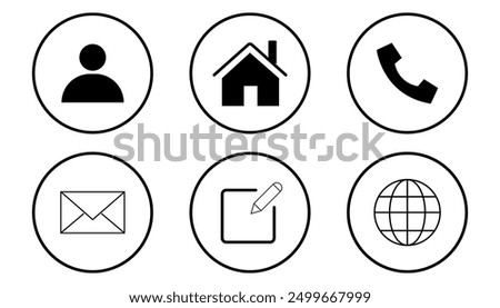 Call, mobile, globe, edit, home user profile. Circle vector icons. Basic contacts icon 2024.