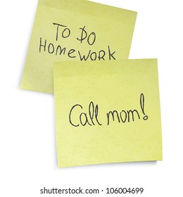 Call mom reminder. Text on yellow sticky notes, vector, EPS10.