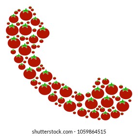 Call mosaic of tomato in various sizes. Vector tomatoes objects are composed into call composition. Tomatoes vector design concept.