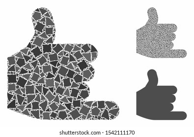 Call mosaic of trembly pieces in variable sizes and shades, based on call icon. Vector tuberous elements are combined into collage. Call icons collage with dotted pattern.