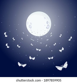 The call of nature. Night moth flying to the moon 