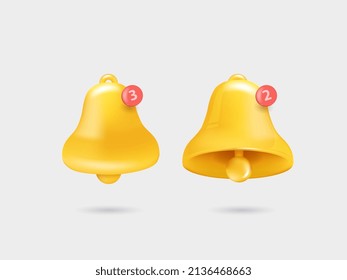 Call notifications. A set of two bell icons with a new message in a yellow web chat. Realistic 3d object. Isolated on a white background. Vector illustration