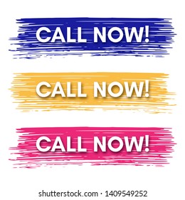 Call now banner. Set of three sale banners on the colorful painted spots. Vector illustration