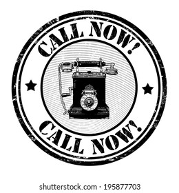 Call now grunge rubber stamp  with the old phone inside on white, vector illustration