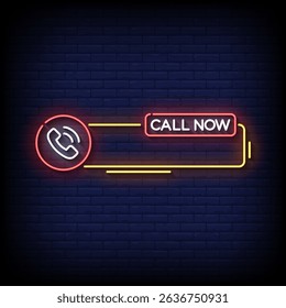 call now neon sign with brick wall background vector