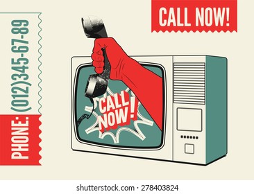 Call Now! Typographic Retro Poster. TV With A Hand That Is Holding The Telephone Receiver. Vector Illustration.