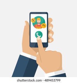 Call on the phone. Call repairman through app on smartphone. Vector illustration flat design. Isolated on white background.