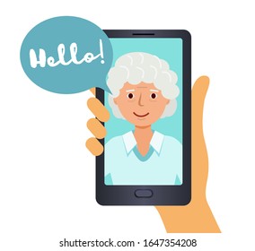 Call On Your Smartphone, Grandma Says Hello. Hand Holding Phone And Calling Mom. Call An Elderly Grandmother. Vector Illustration, Flat Style.