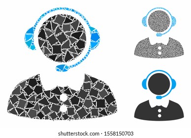Call operator composition of raggy parts in various sizes and color tinges, based on call operator icon. Vector abrupt parts are composed into composition.