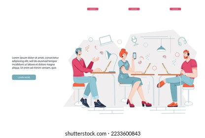 Call operators of customer support service, hotline department managers, flat vector illustration. Consumer contact center or telemarketing website page mockup. - Shutterstock ID 2233600843