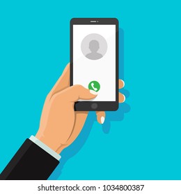 Call out with phone call button and people icon on smartphone display. Businessman hand holding phone finger touching on screen. Modern flat design for website. Vector illustration.