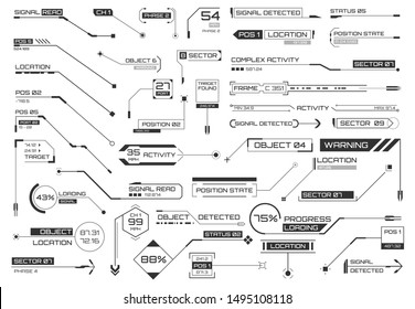 Rufen Sie Titel, Zeiger, Ziele Infografiken auf. Futuristische Benutzeroberfläche. Virtuelle Grafik. Infografische Vektorelemente. Digital-Dashboard-Anzeige