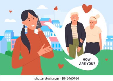 Call parents vector illustration. Cartoon young happy woman character with mobile cell phone walking on city street, talking with old grandparents at distance, love to parents relationship background