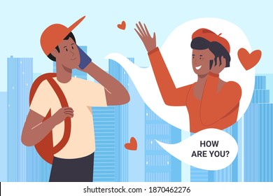 Call parents vector illustration. Cartoon student holding phone in hand for remotely happy conversation with mother or grandmother, calling and smiling, remote communication technology background