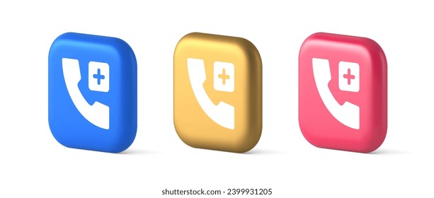 Call phone add emergency hotline service blue squared button 3d realistic blue gold and pink icons. Customer support voice information app navigation interface
