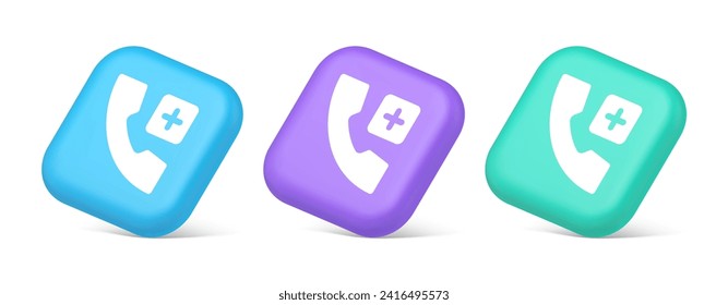 Llamar al teléfono añadir el servicio de línea directa de emergencia botón cuadrado azul 3d iconos reales azul morado y verde. Interfaz de navegación de la aplicación de información de voz de soporte al cliente