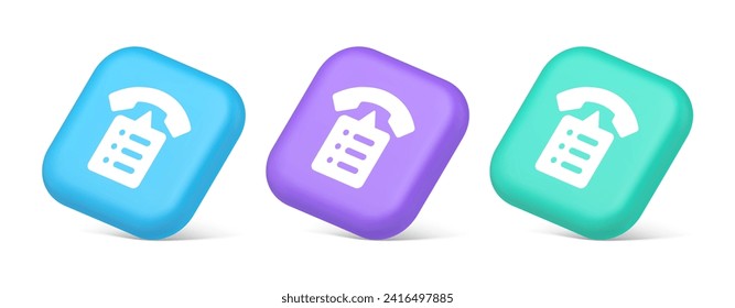 Call phone book contact list button cyberspace friends information for voice communication 3d realistic blue purple and green icons. Telephone conversation connect user info profile