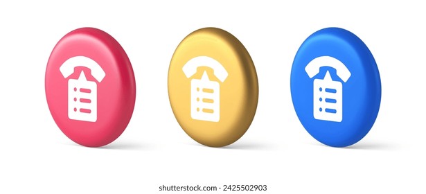 Llame a la lista de contactos de la libreta de teléfonos botón de amigos del ciberespacio información para la comunicación de voz 3d iconos realistas de oro azul y rosa. Conversación telefónica conectar perfil de información de usuario