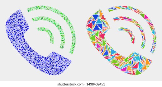Call phone collage icon of triangle elements which have variable sizes and shapes and colors. Geometric abstract vector illustration of call phone.