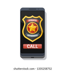 Call police app on smartphone screen. Police badge and emergency call button. Vector illustration on white background