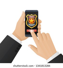 Call police app on smartphone screen. Emergency call concept. Hand holds smartphone with police application on screen, finger presses emergency call button. Vector illustration