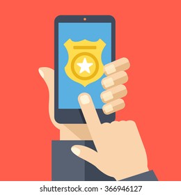 Call police app on smartphone screen. Emergency call concept. Hand hold smartphone, finger touch button. Modern concept for web banner, web site, infographics. Creative flat design vector illustration