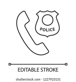 Call the police linear icon. Emergency call. Thin line illustration. Handset with police badge. Contour symbol. Vector isolated outline drawing. Editable stroke 