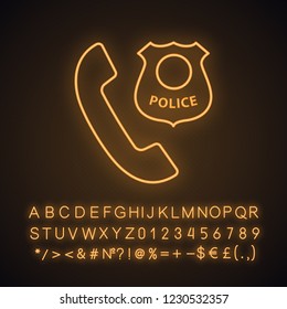 Call the police neon light icon. Emergency call. Handset with police badge. Glowing sign with alphabet, numbers and symbols. Vector isolated illustration