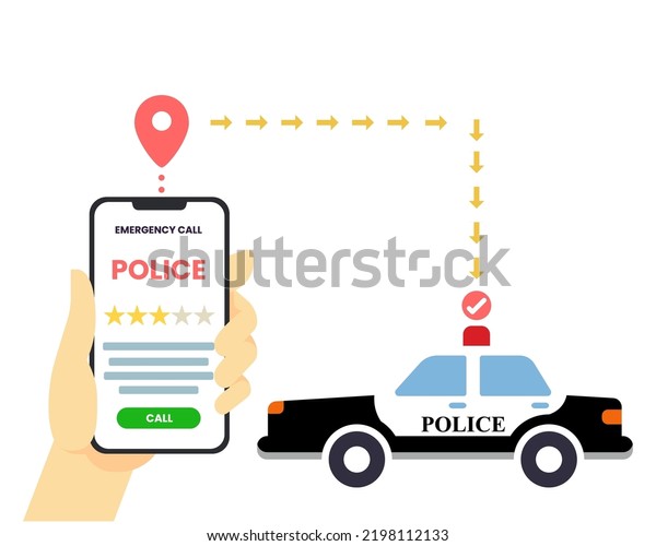 Call police via mobile\
phone with landscape background. police services concept. vector\
illustration.