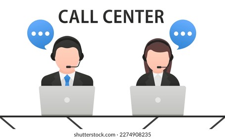Call processing center. Help, support and contacts. Male and female call center working in headphones. Customer service. Call center operator. Call center service nature of work. Vector illustration