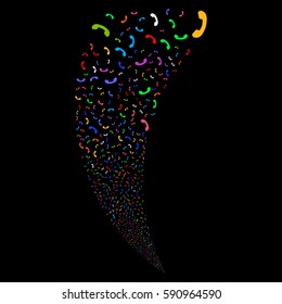 Call random fireworks stream. Vector illustration style is flat bright multicolored iconic symbols on a black background. Object fountain organized from scattered symbols.
