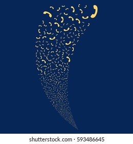 Call random fireworks stream. Vector illustration style is flat yellow iconic symbols on a blue background. Object fountain made from scattered pictographs.