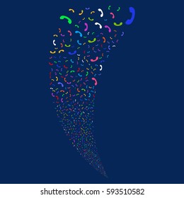 Call random fireworks stream. Vector illustration style is flat bright multicolored iconic symbols on a blue background. Object fountain organized from scattered symbols.