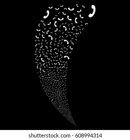 Call random fireworks stream. Vector illustration style is flat white iconic symbols on a black background. Object fountain organized from scattered icons.