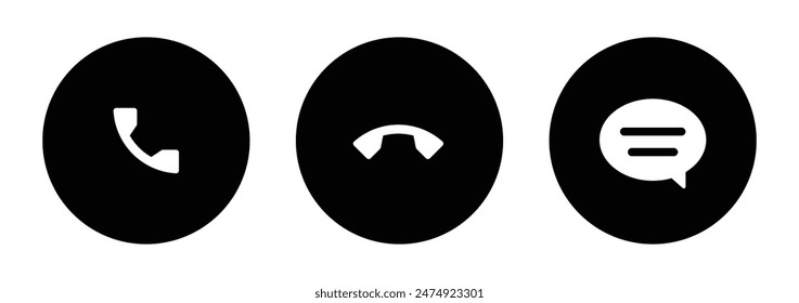 Call receive, reject, and message icons in black and white color. Phone call pick, hang, and SMS icon set. Call receive and call end symbols. Phone accept, decline and text icon set in black color.