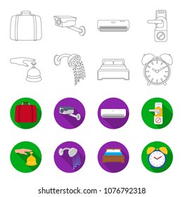 Call at the reception, alarm clock, bed, shower.Hotel set collection icons in outline,flat style vector symbol stock illustration web.