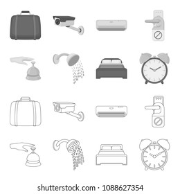 Call at the reception, alarm clock, bed, shower.Hotel set collection icons in outline,monochrome style vector symbol stock illustration web.
