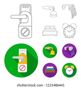 Call at the reception, alarm clock, bed, shower.Hotel set collection icons in outline,flat style vector symbol stock illustration web.