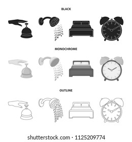Call at the reception, alarm clock, bed, shower.Hotel set collection icons in black, monochrome, outline style vector symbol stock illustration web.