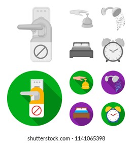 Call at the reception, alarm clock, bed, shower.Hotel set collection icons in monochrome,flat style vector symbol stock illustration web.