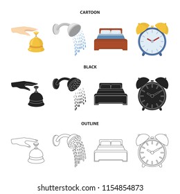 Call at the reception, alarm clock, bed, shower.Hotel set collection icons in cartoon,black,outline style vector symbol stock illustration web.