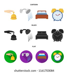 Call at the reception, alarm clock, bed, shower.Hotel set collection icons in cartoon,black,flat style vector symbol stock illustration web.