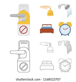Call at the reception, alarm clock, bed, shower.Hotel set collection icons in cartoon,outline style vector symbol stock illustration web.