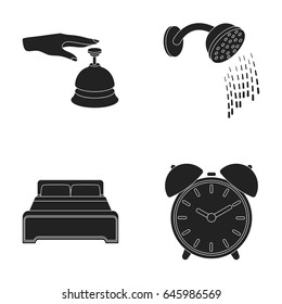 Call at the reception, alarm clock, bed, shower.Hotel set collection icons in black style vector symbol stock illustration web.